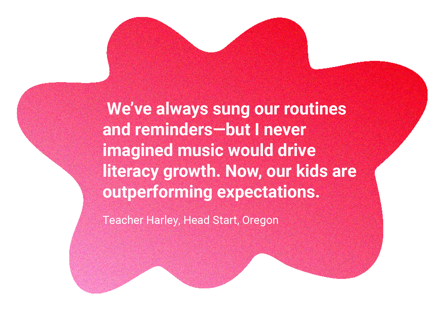 We've always sung our routines and reminders—but I never imagined music would drive literacy growth. Now, our kids are outperforming expectations. — Teacher Harley, Head Start, Oregon