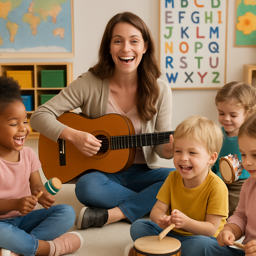 I WOULD LIKE TO SEE A TEACHER IN HER MID30S SINGING WITH PRESCHOOL CHILDREN IN A CIRCLE USING INSTRUMENTS-1