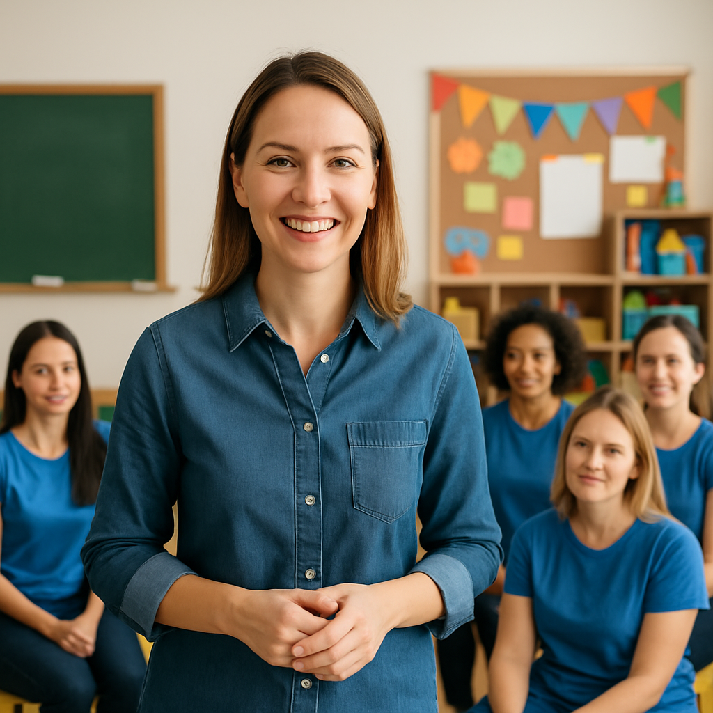 show me a female in her 30s smiling while standing in front of a room of preschool teachers providing training-1